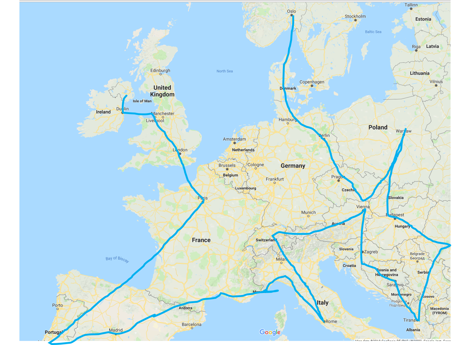 Map illustration of the virtual steps the CavanaghKelly team took through Europe.  Shows key locations with blue line starting in Dungannon and finishing in Norway